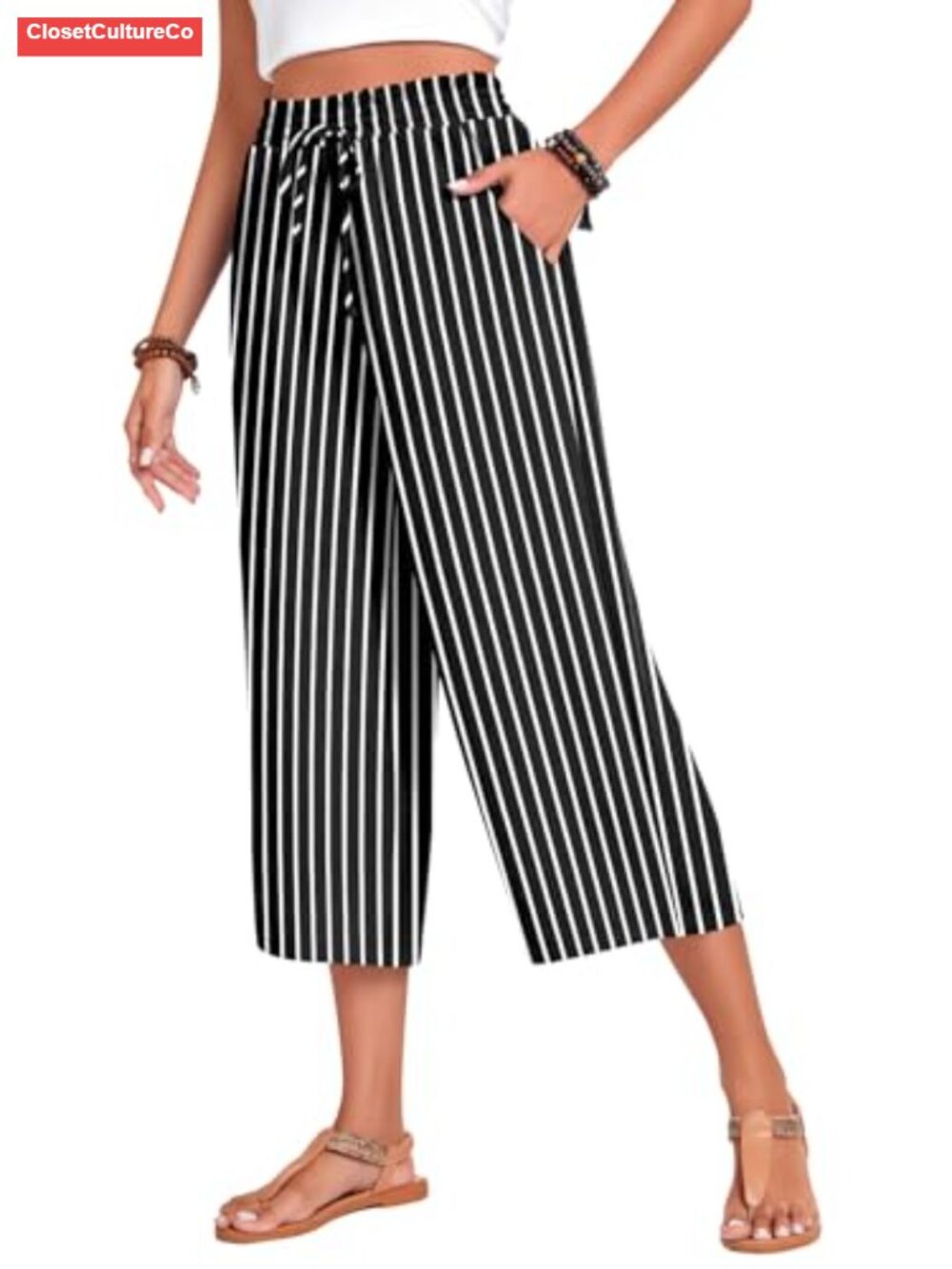 Women's Capri Pants Drawstring High Waisted Wide Leg Loose Fit Cropped Trousers